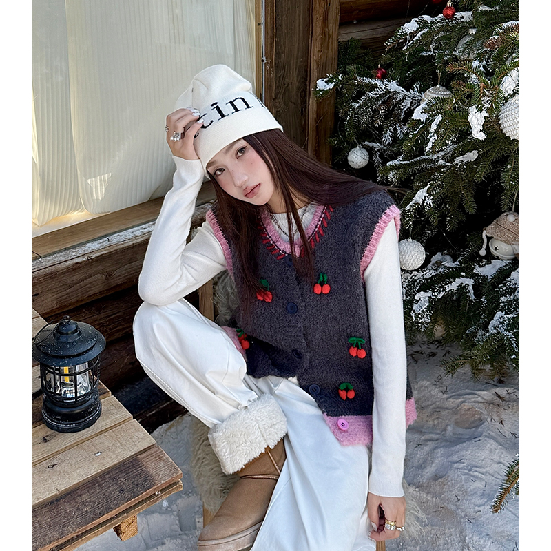 Mixed colors cherry sweater winter knitted vest for women