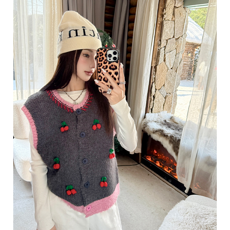 Mixed colors cherry sweater winter knitted vest for women