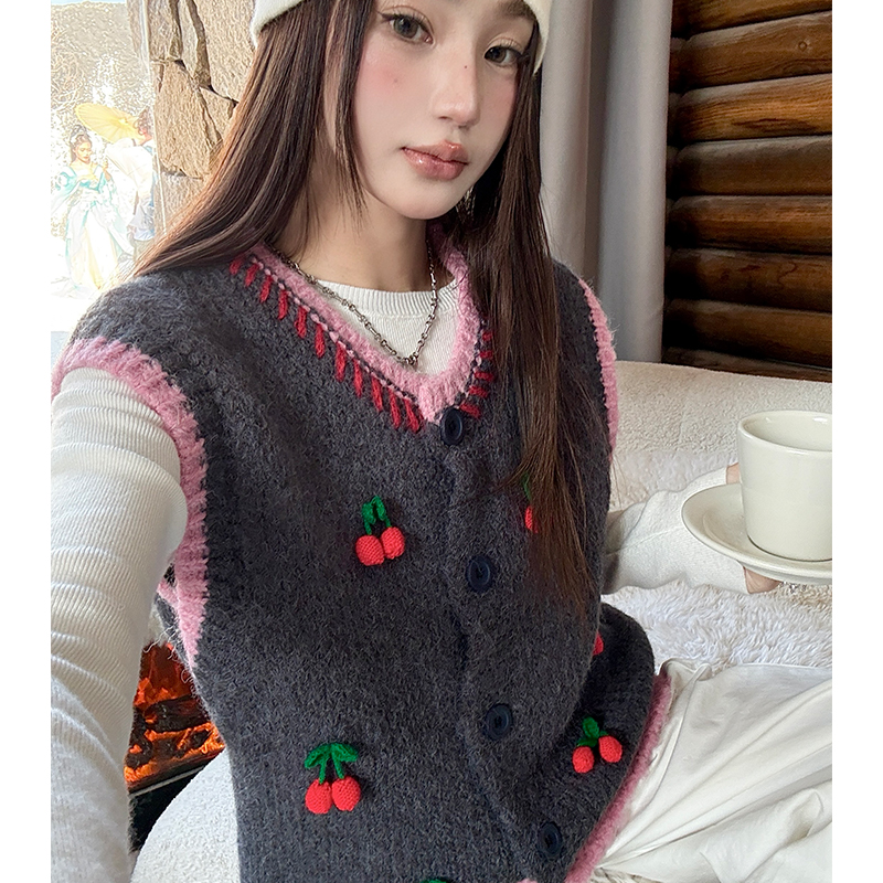 Mixed colors cherry sweater winter knitted vest for women