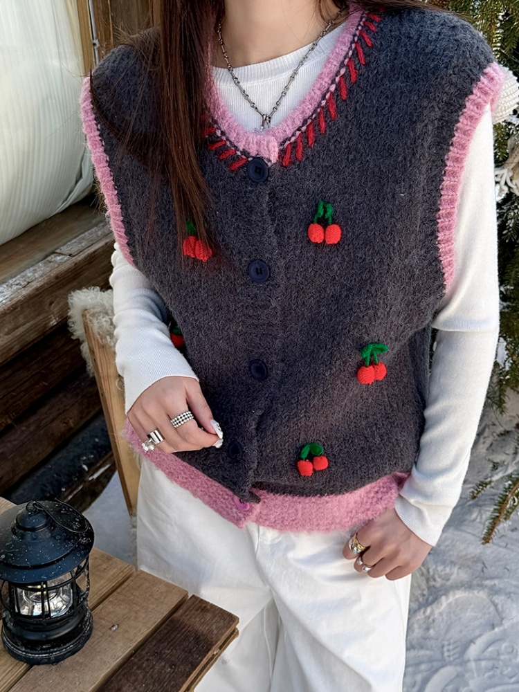 Mixed colors cherry sweater winter knitted vest for women