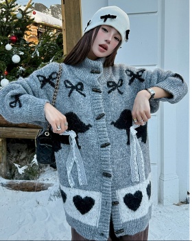 Christmas lace horn buckle loose coat wool thick knitted cardigan