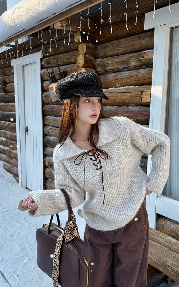 Lazy bandage lapel tops all-match tender wool sweater