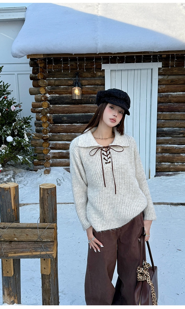 Lazy bandage lapel tops all-match tender wool sweater