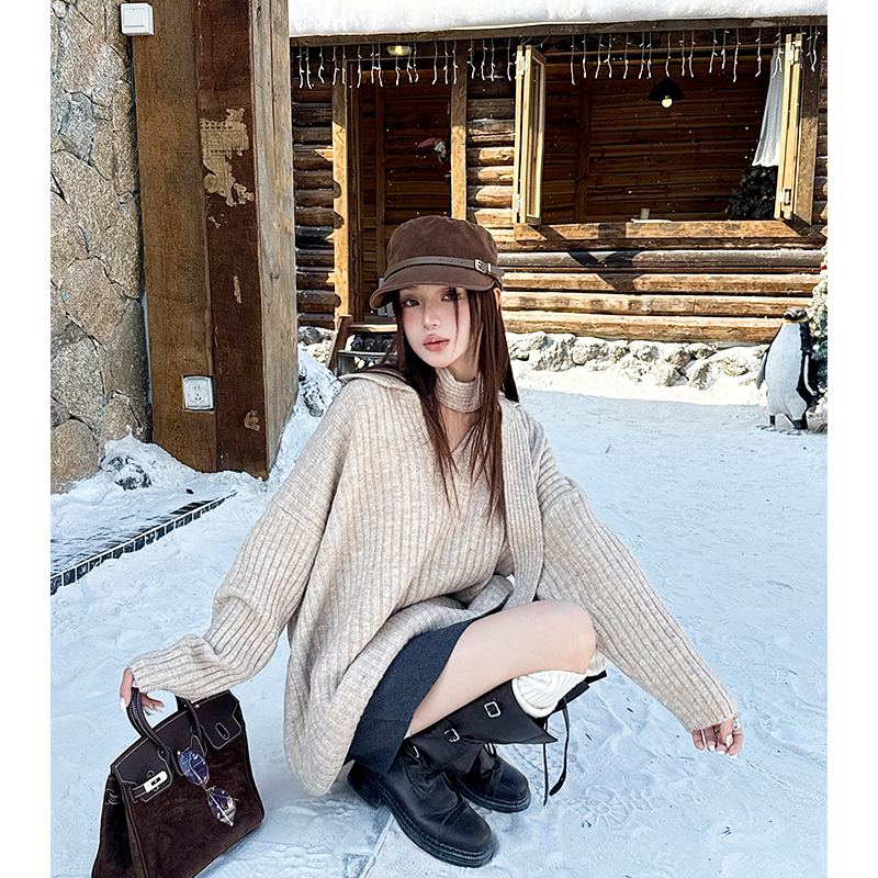 Lapel long thick retro lazy Korean style sweater