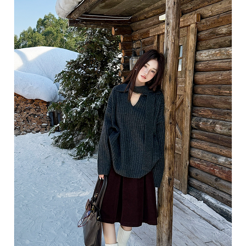 Lapel long thick retro lazy Korean style sweater