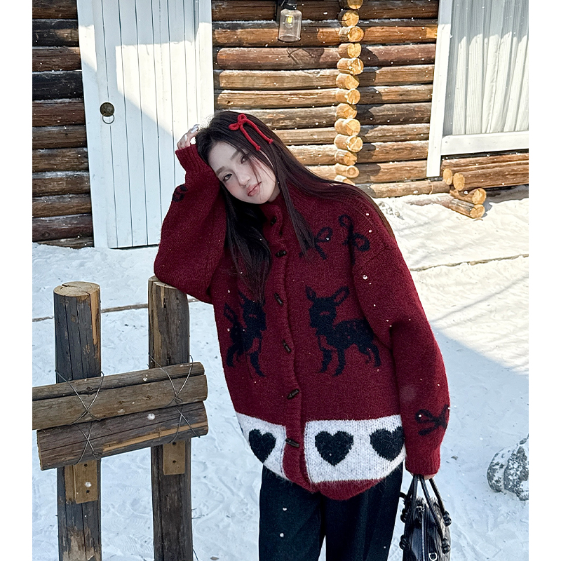 Bow christmas sweater thick fawn cardigan for women