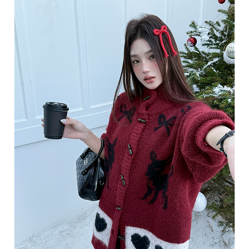 Bow christmas sweater thick fawn cardigan for women