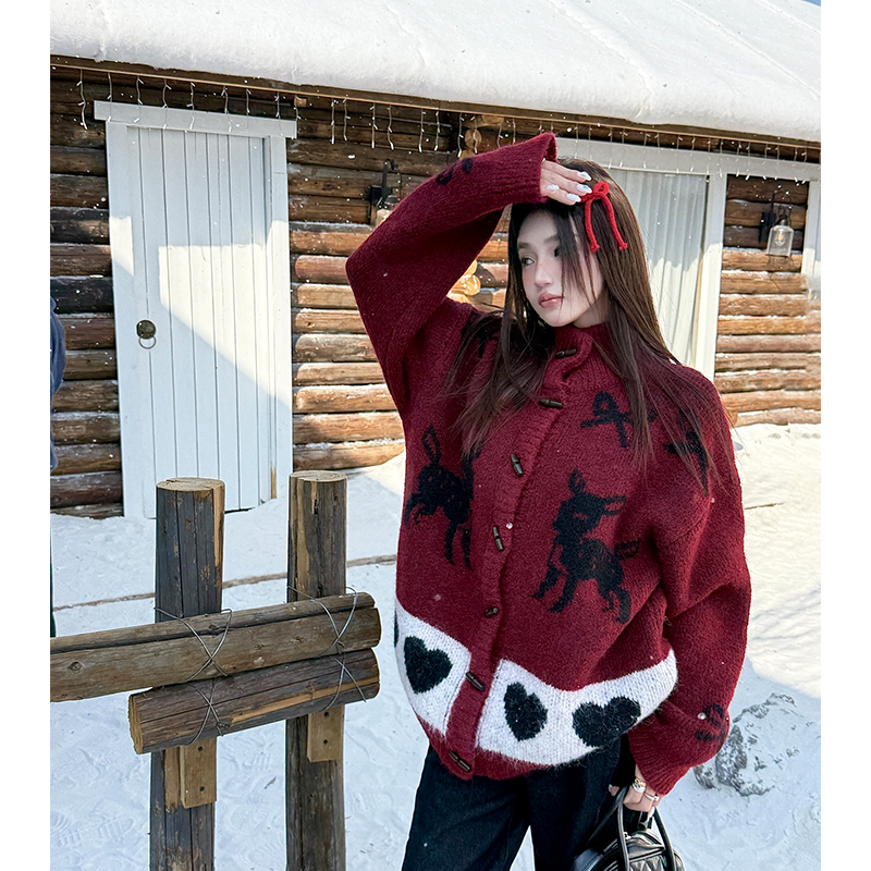 Bow christmas sweater thick fawn cardigan for women