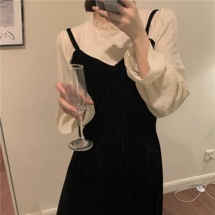 A-line velvet dress slim temperament long dress for women