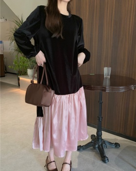 Casual velvet splice round neck long sleeve dress