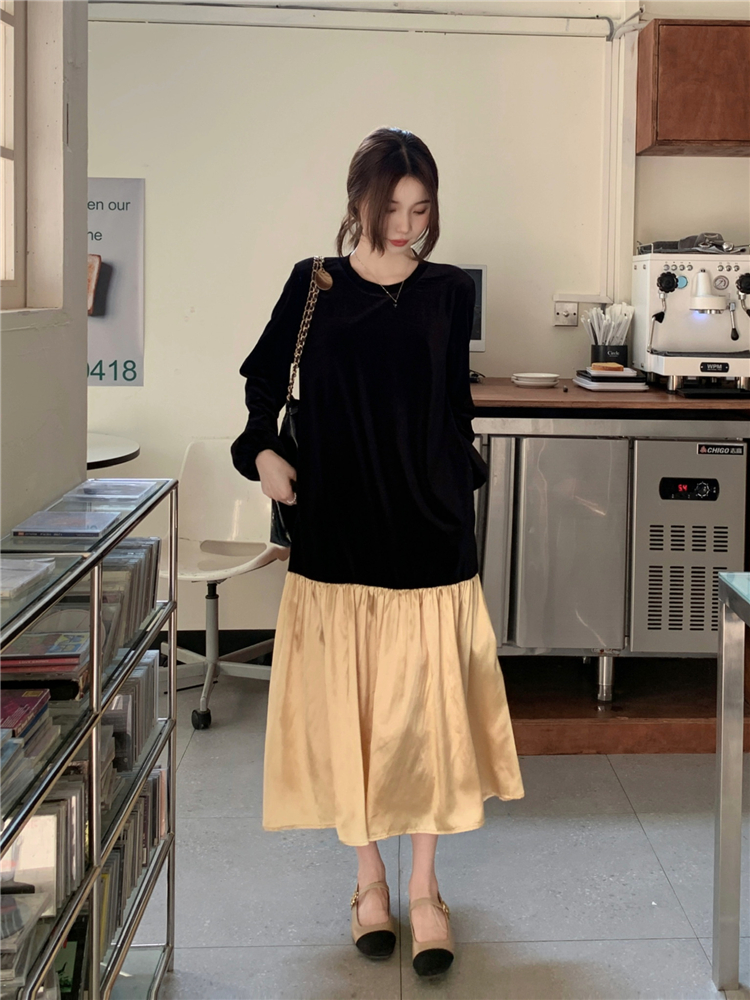 Casual velvet splice round neck long sleeve dress