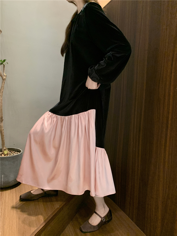 Casual velvet splice round neck long sleeve dress