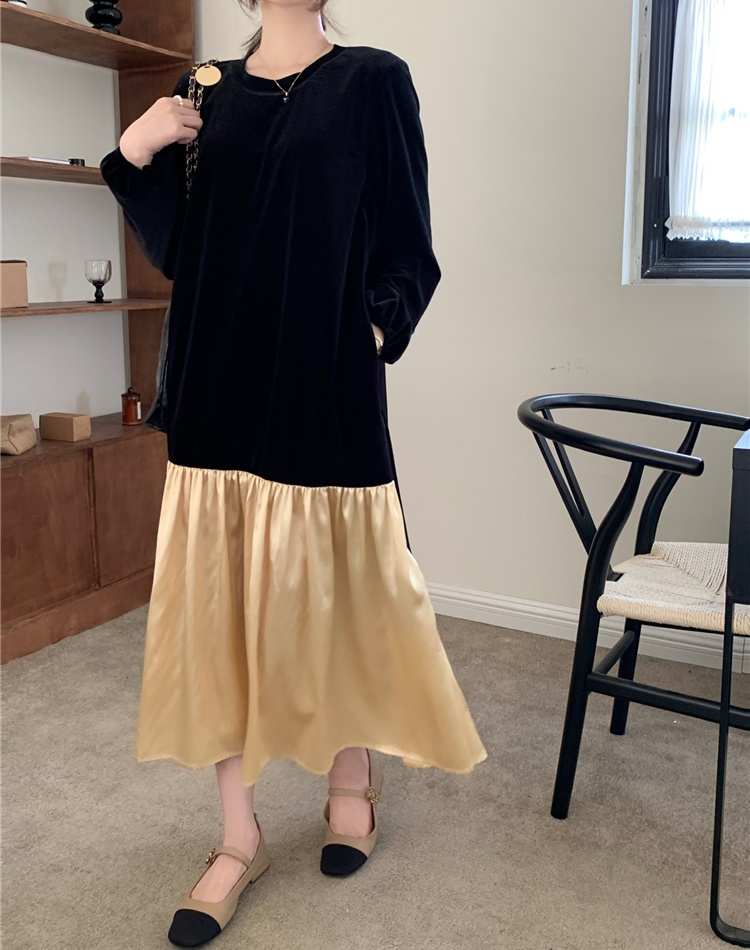 Casual velvet splice round neck long sleeve dress