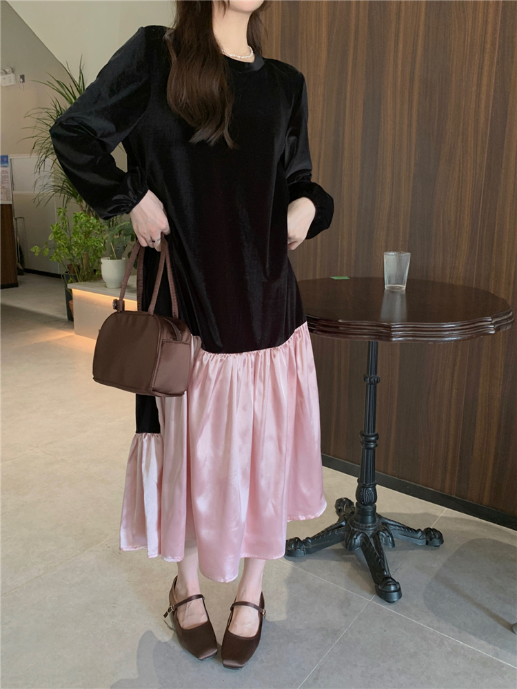 Casual velvet splice round neck long sleeve dress