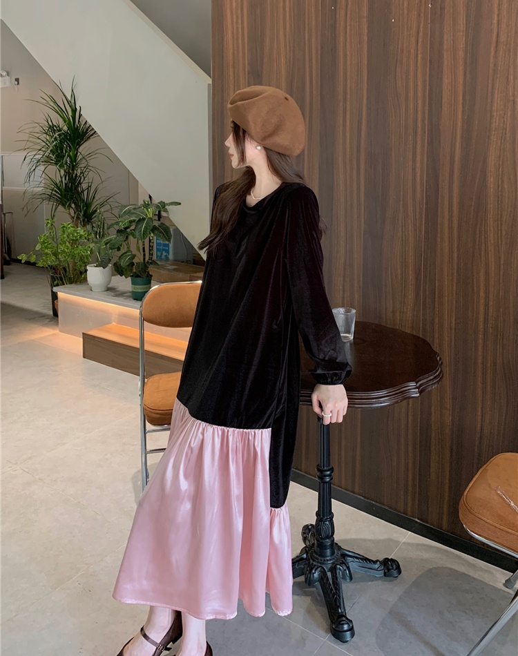 Casual velvet splice round neck long sleeve dress