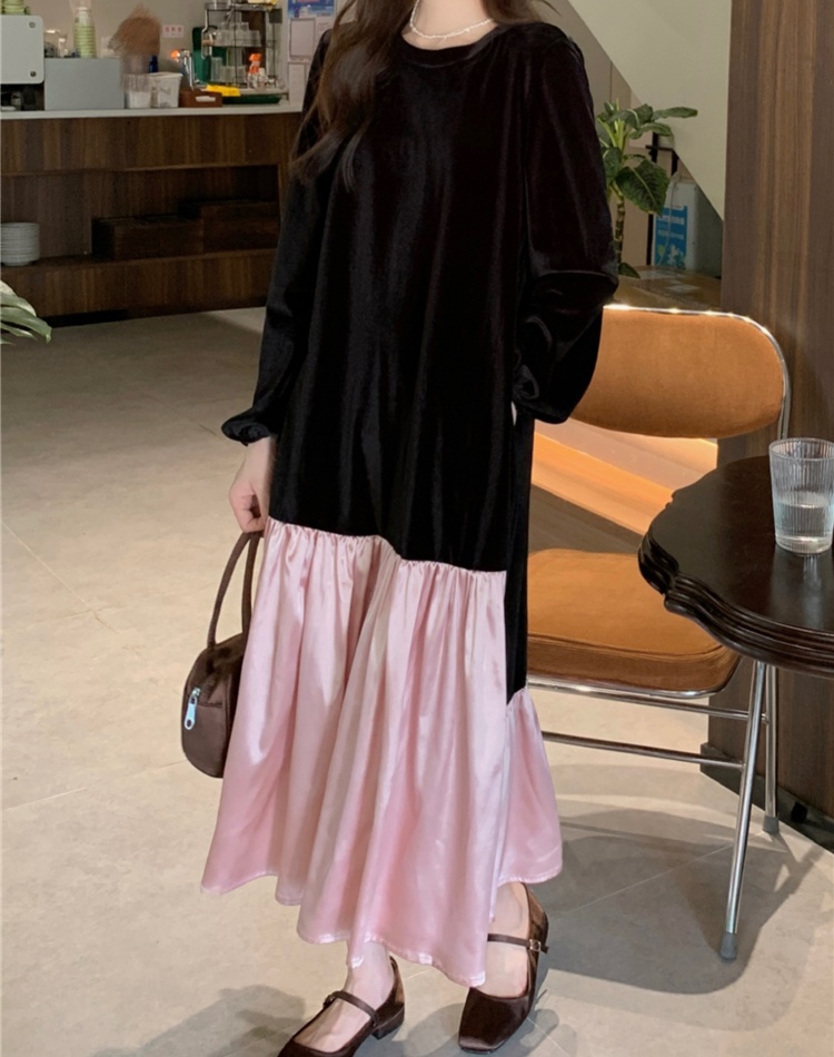 Casual velvet splice round neck long sleeve dress