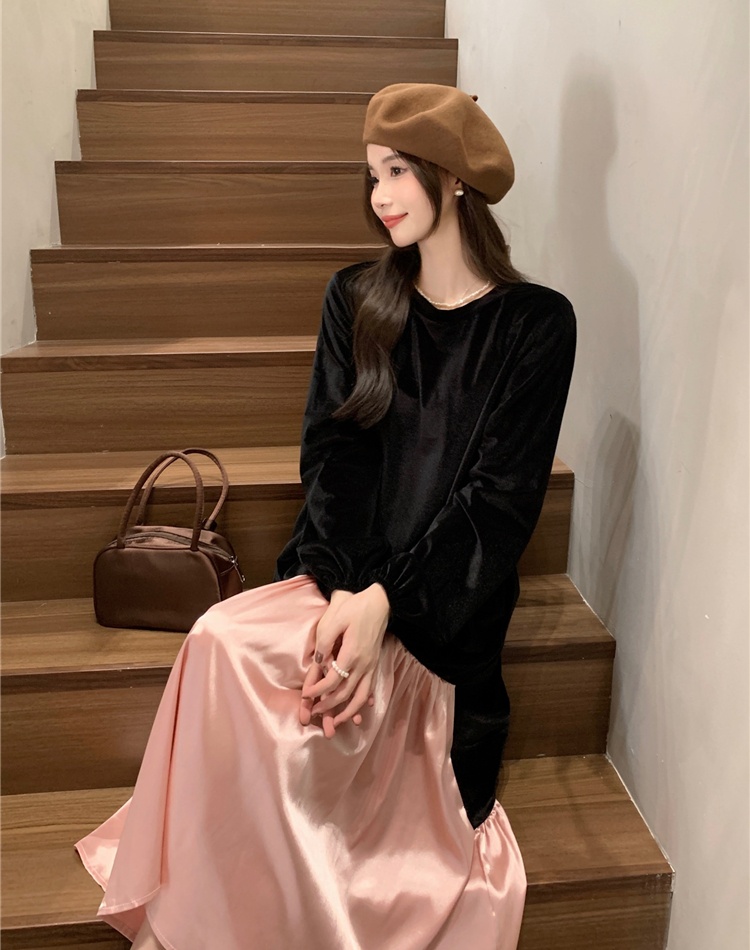 Casual velvet splice round neck long sleeve dress