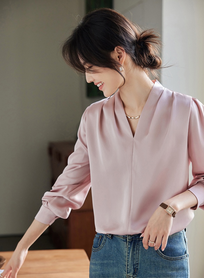 Satin spring shirt V-neck long sleeve tops for women