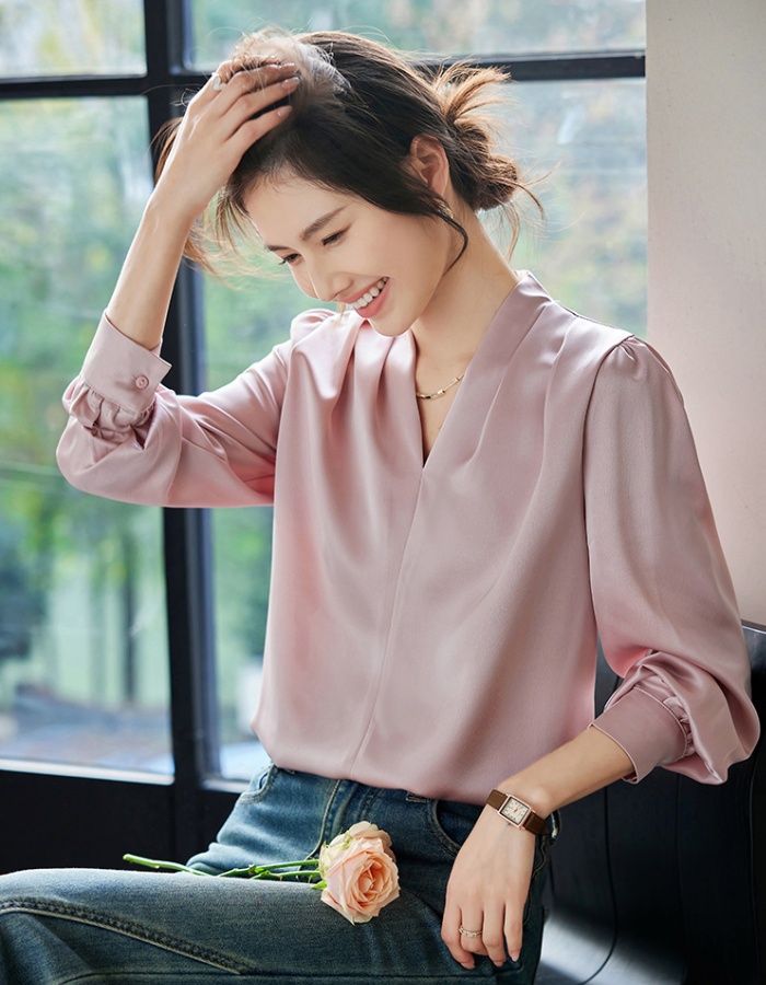 Satin spring shirt V-neck long sleeve tops for women