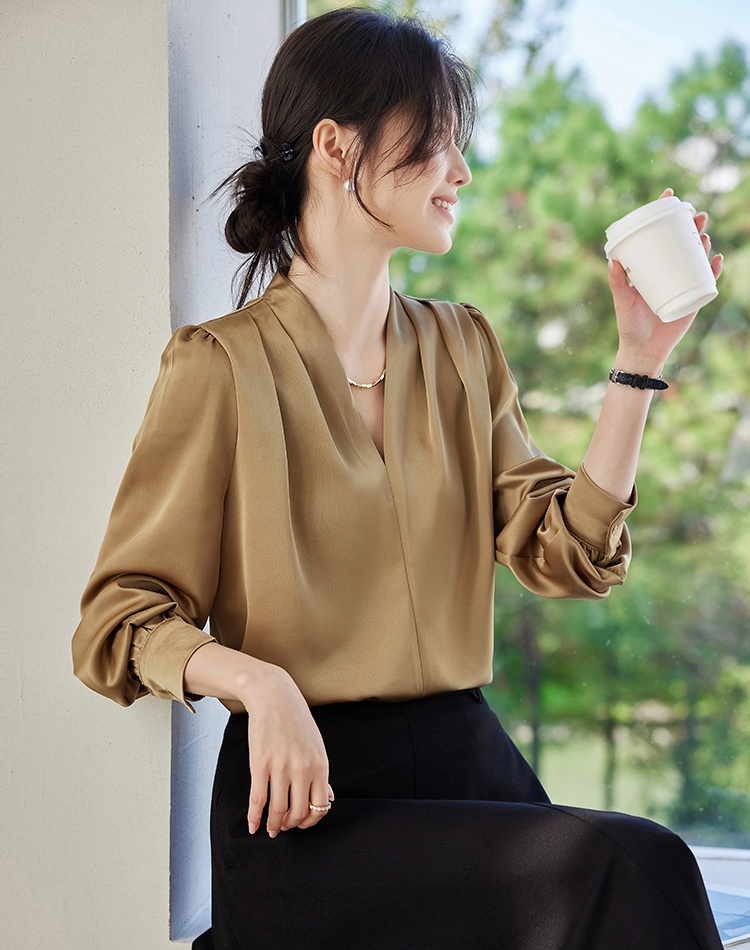 Satin spring shirt V-neck long sleeve tops for women