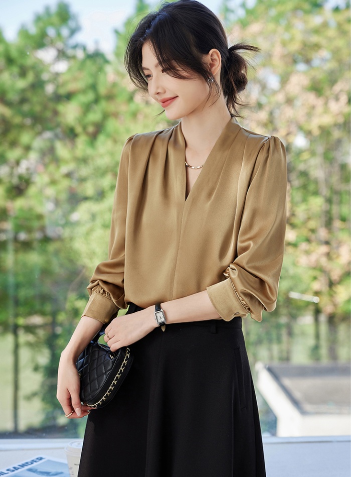 Satin spring shirt V-neck long sleeve tops for women