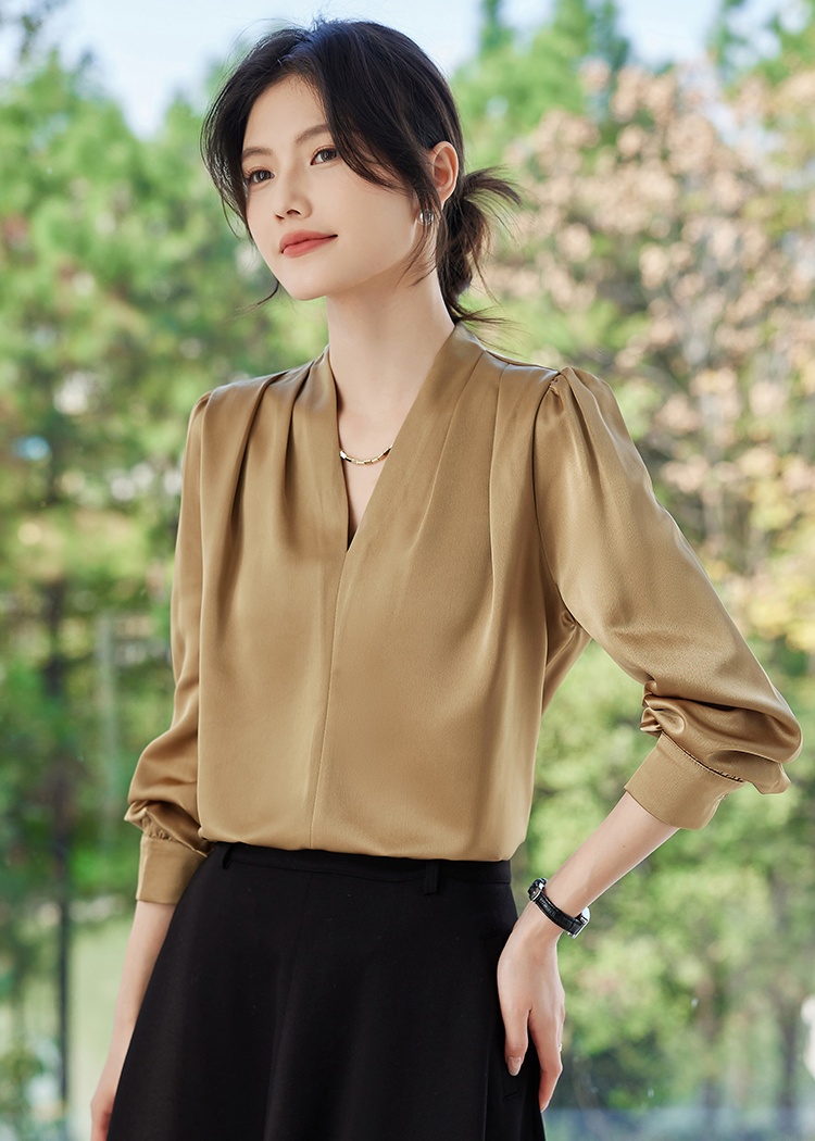 Satin spring shirt V-neck long sleeve tops for women