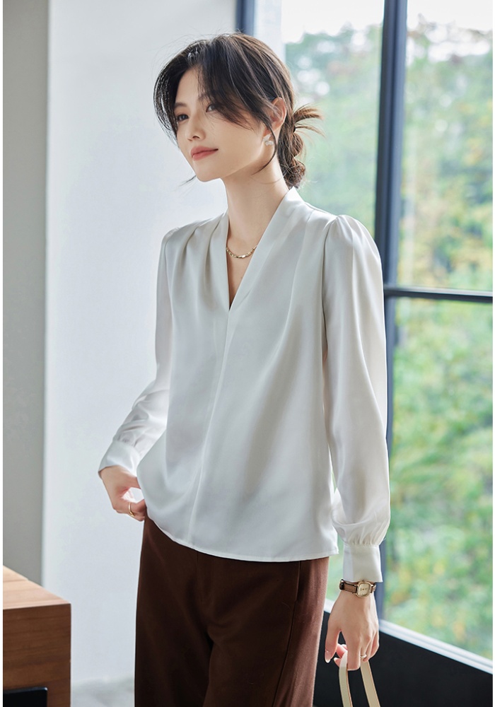 Satin spring shirt V-neck long sleeve tops for women