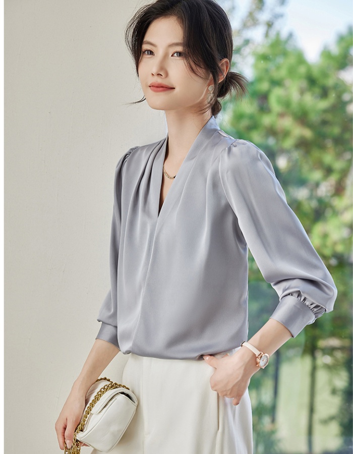 Satin spring shirt V-neck long sleeve tops for women