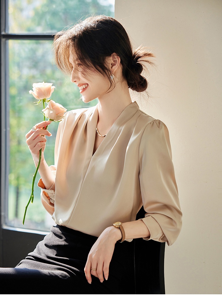 Satin spring shirt V-neck long sleeve tops for women