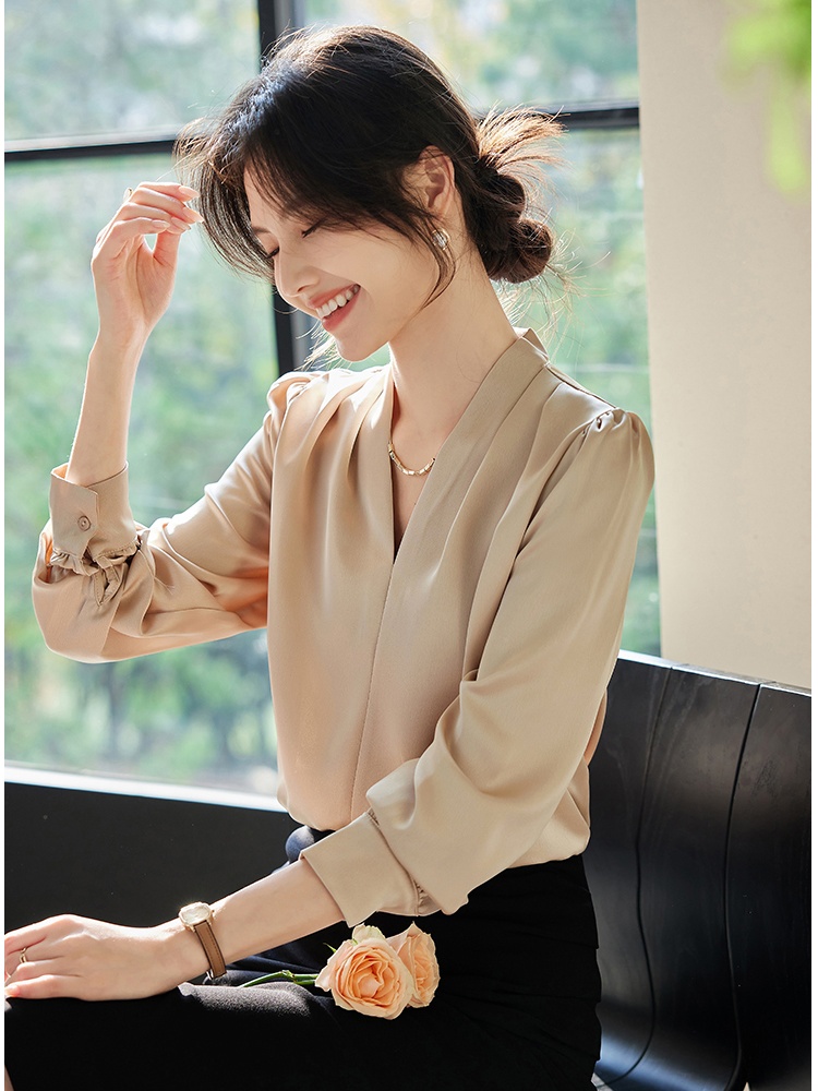 Satin spring shirt V-neck long sleeve tops for women