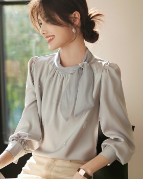 Korean style beading splice shirt spring bow tops