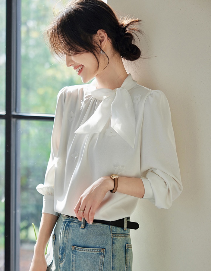 Korean style beading splice shirt spring bow tops