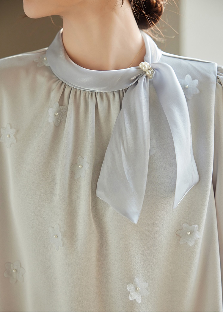 Korean style beading splice shirt spring bow tops