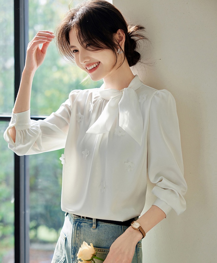 Korean style beading splice shirt spring bow tops