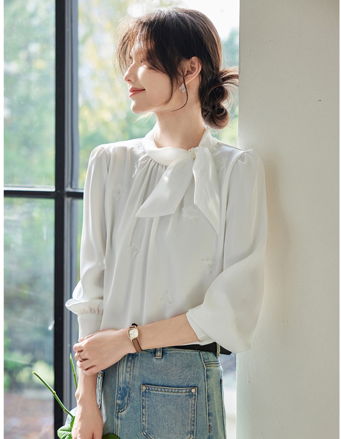 Korean style beading splice shirt spring bow tops