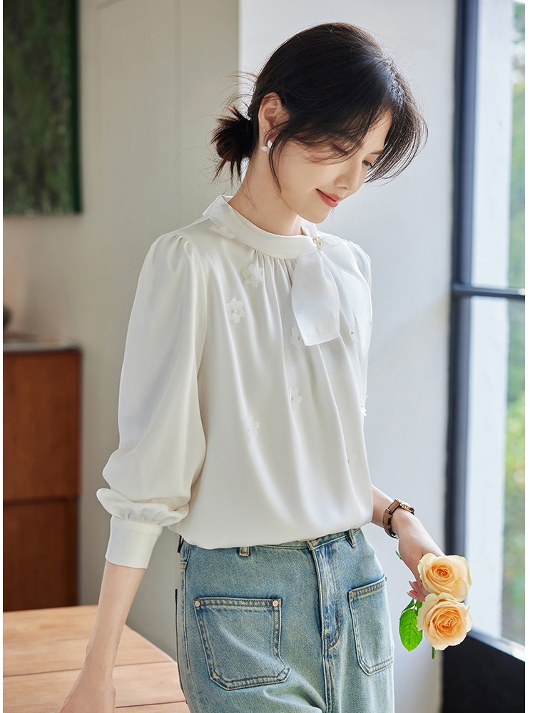 Korean style beading splice shirt spring bow tops