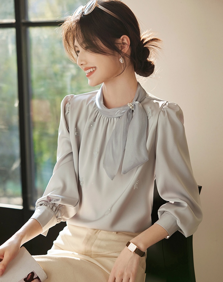 Korean style beading splice shirt spring bow tops