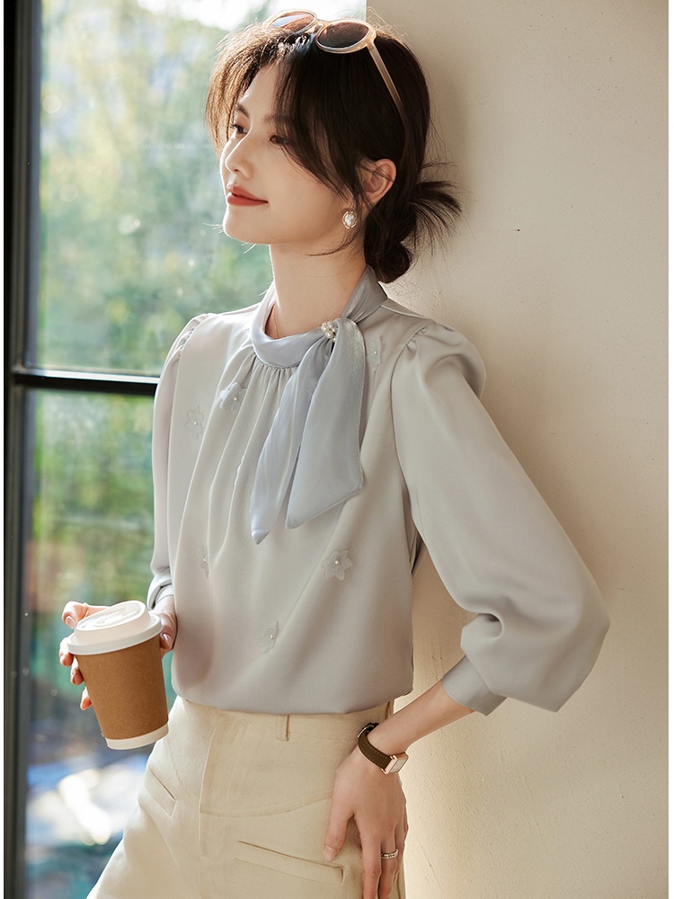 Korean style beading splice shirt spring bow tops