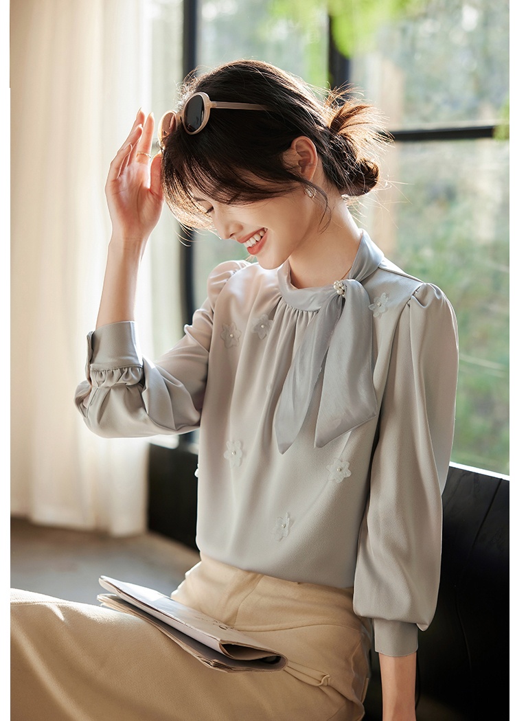 Korean style beading splice shirt spring bow tops