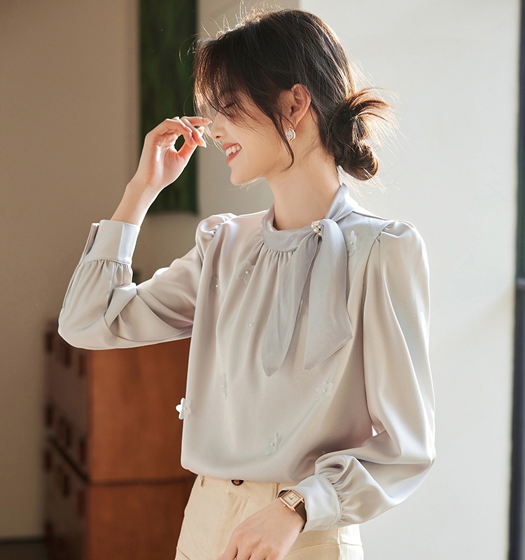 Korean style beading splice shirt spring bow tops