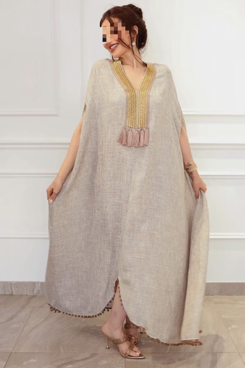 Tassels flax dress autumn and winter robe