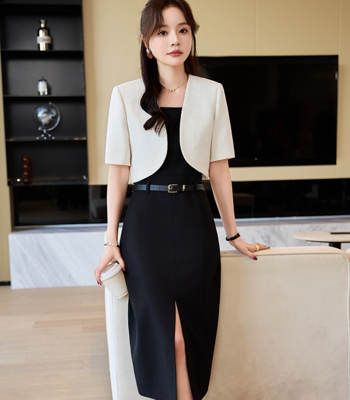 Black short sleeve dress overalls belt 2pcs set