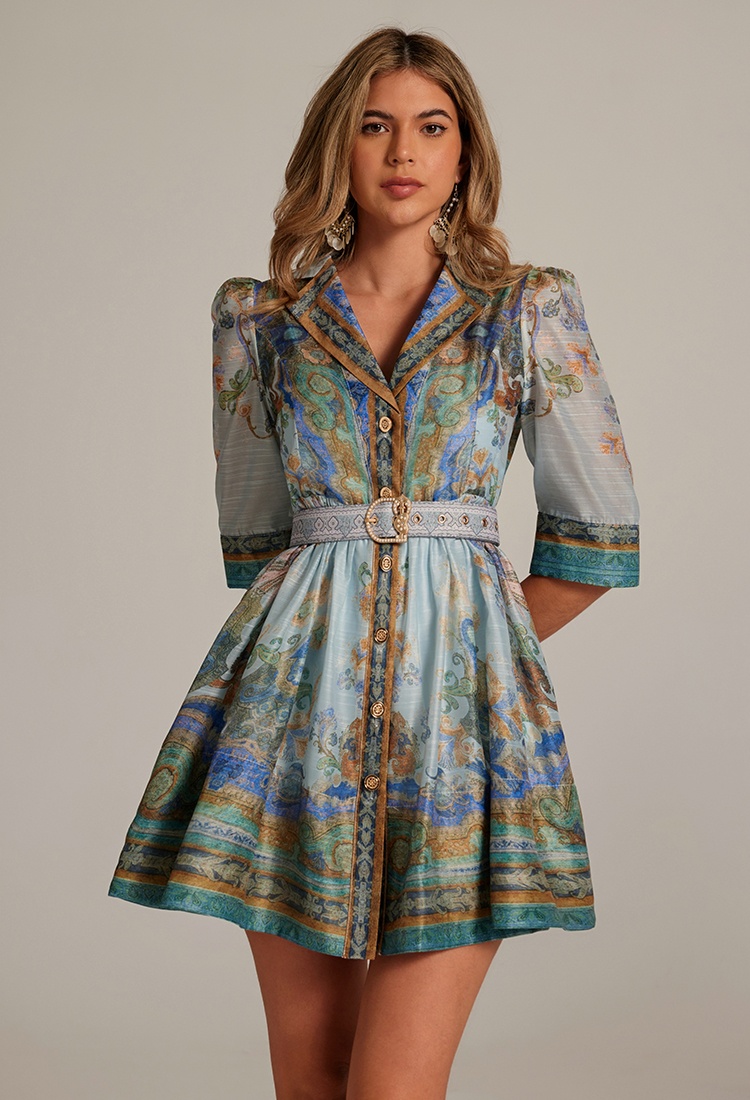 Printing suit collar single-breasted dress