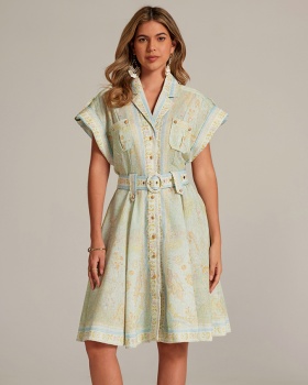 Printing with belt shirt France style short dress