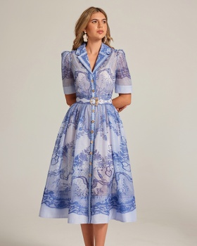 Court style retro vacation suit collar with belt dress