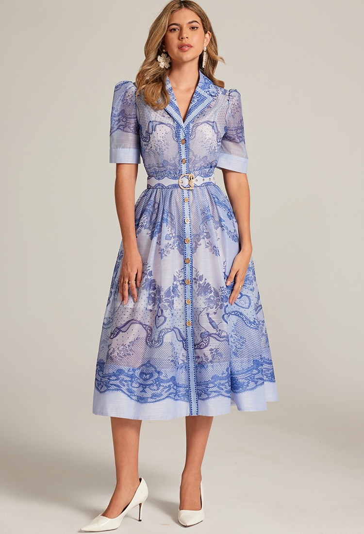 Court style retro vacation suit collar with belt dress