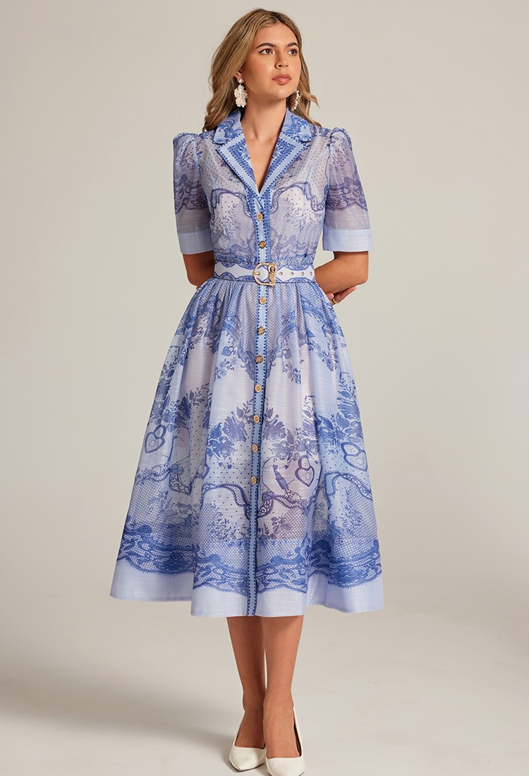 Court style retro vacation suit collar with belt dress