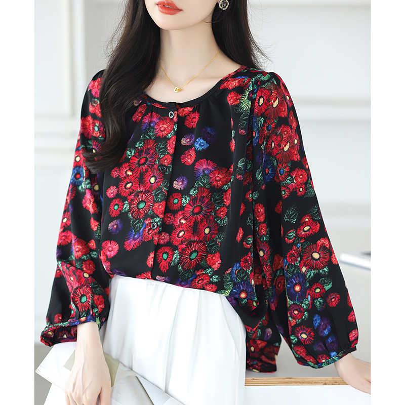 Fashion elegant all-match printing temperament slim tops