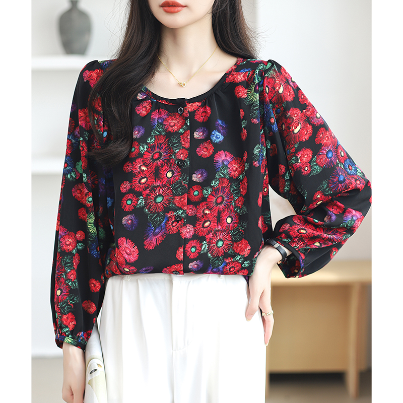 Fashion elegant all-match printing temperament slim tops