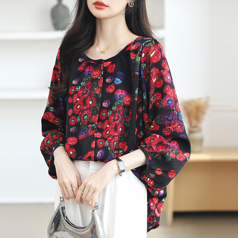 Fashion elegant all-match printing temperament slim tops